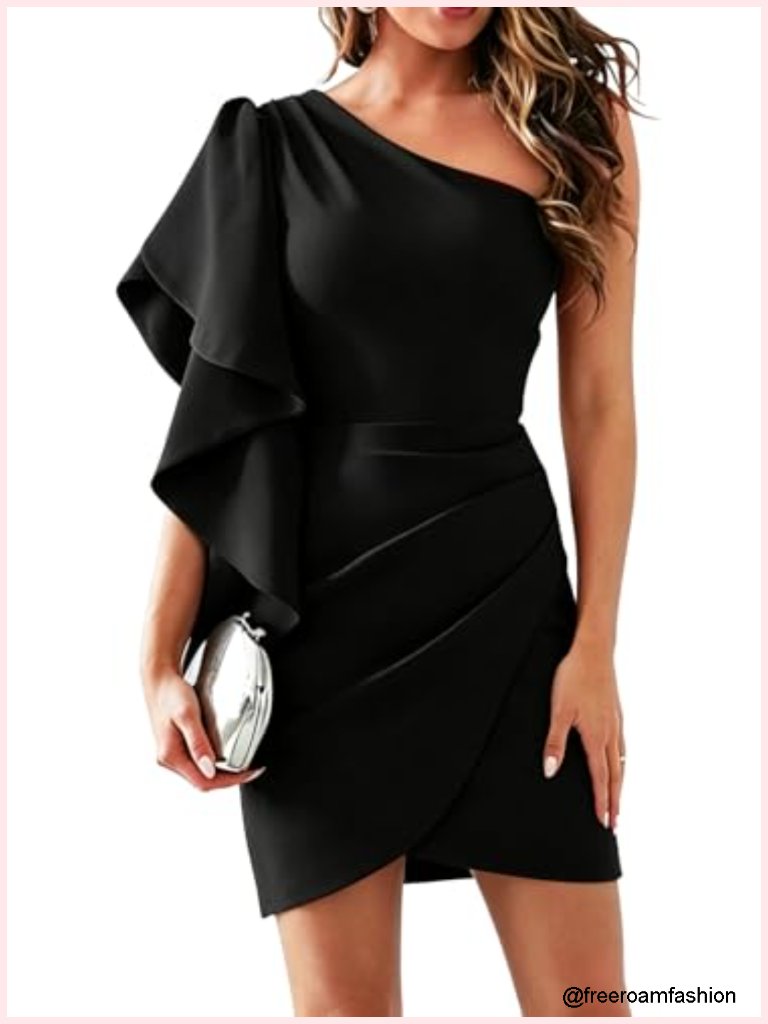 One Shoulder Ruffle Bodycon Ruched Cocktail Mini Dress